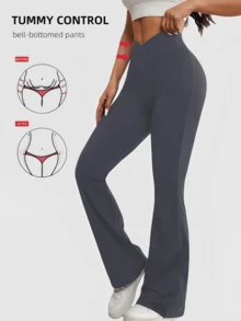 Women's Criss-Cross Waist Flare Pants, High Elasticity Polyester Solid Color Sports Yoga Pants, Criss-Cross Waist Casual Long Pants, Solid Color Skinny Workout Leggings Suitable For All Seasons, Knit Fabric Wide Leg Pants Suitable For Fitness And Leisure Wear - 灰色 - 查看 3