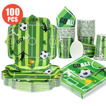 一套25件一次性足球主题花卉造型餐盘、餐巾纸和杯子，适合生日、婚礼、派对、家庭野餐等场合。