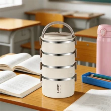 Stainless Steel Lunch Box, Large Capacity Portable And Convenient Square Box, Multi-Layer Design Lunch Box, Suitable For Home, School And Office. - White 4 Layers - View 1