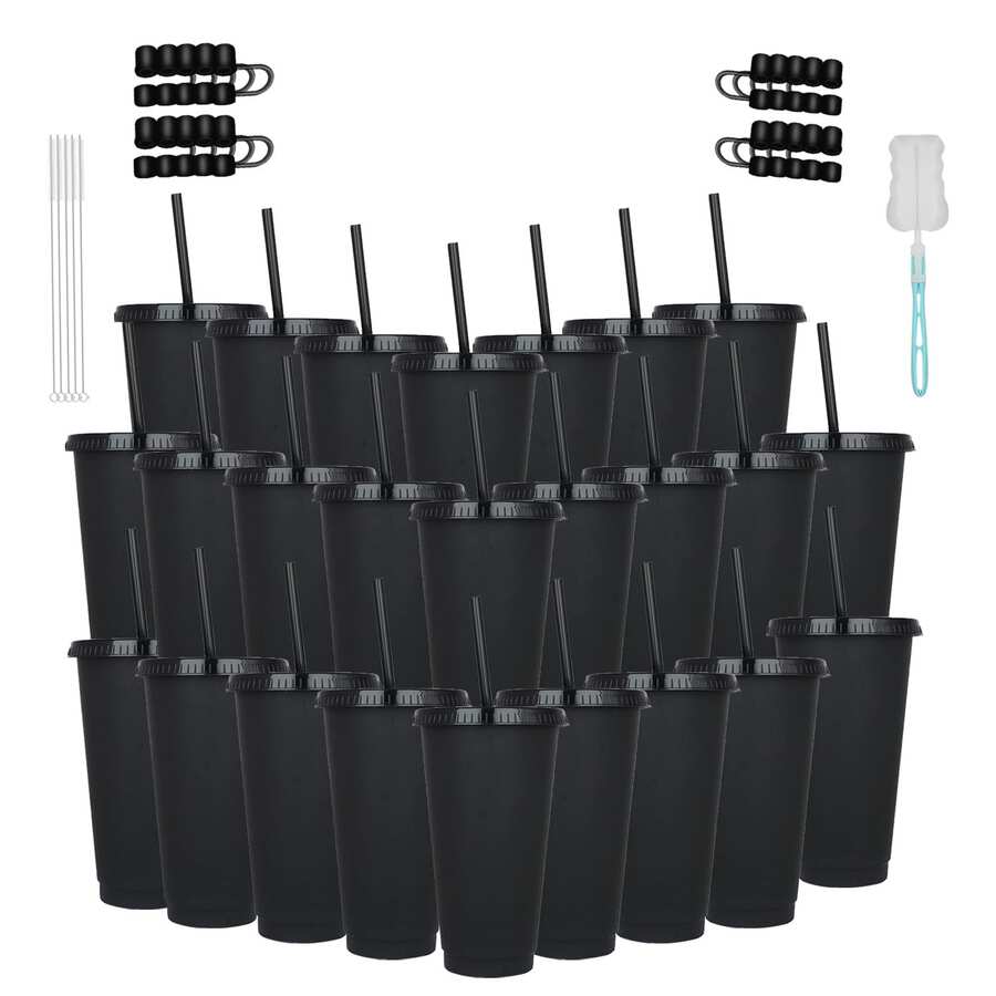 KAFUFU 25-Pack 24oz Pink Tumblers With Dust Caps - Reusable Drink Bottles & Party Cups For Coffee, Car Travel | Valentine's Day Gift Set, Includes Straws & Brushes, Bulk Orders Welcome (25, Black) - 黑色 - 查看 1