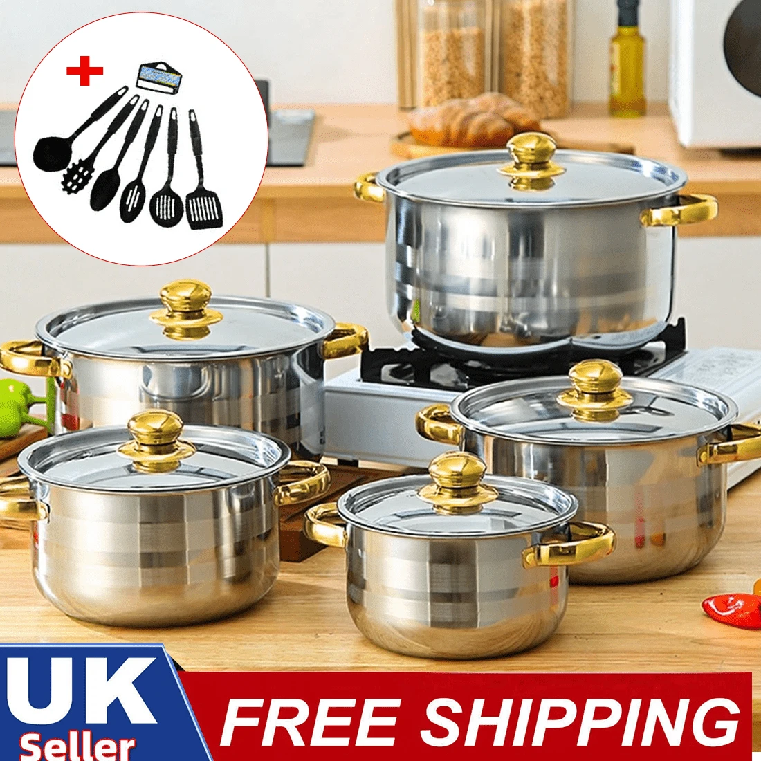 Set Of 12 Stainless Steel Saucepans Cookware Cooking Pots Set+Spatula Accessory - Gold - View 1