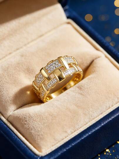 Pierścionek damski ze złota z cyrkoniami sześciennymi, luksusowe zapięcie z lśniącym wzorem z cyrkonii, elegancki na bankiet/wesele, wspaniały prezent na rocznicę dla żony