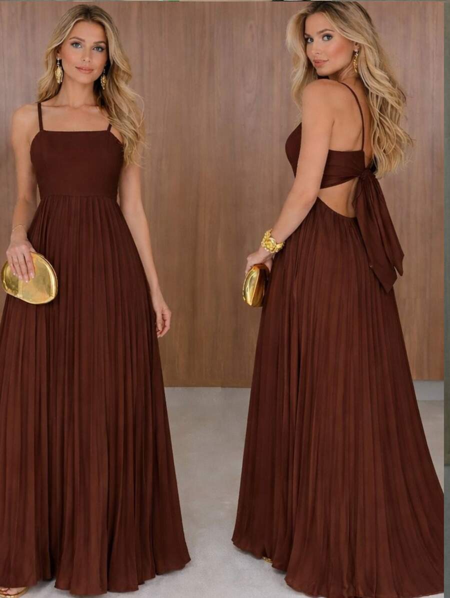 Long Pleated Dress With Tie Detail At The Back And Built-In Bra Cups. Elegant Party/Casual Style. Asymmetrical Fabric. Knot Detail. Open Back/Backless. Wedding Dress. - Rỉ Nâu - Xem 1