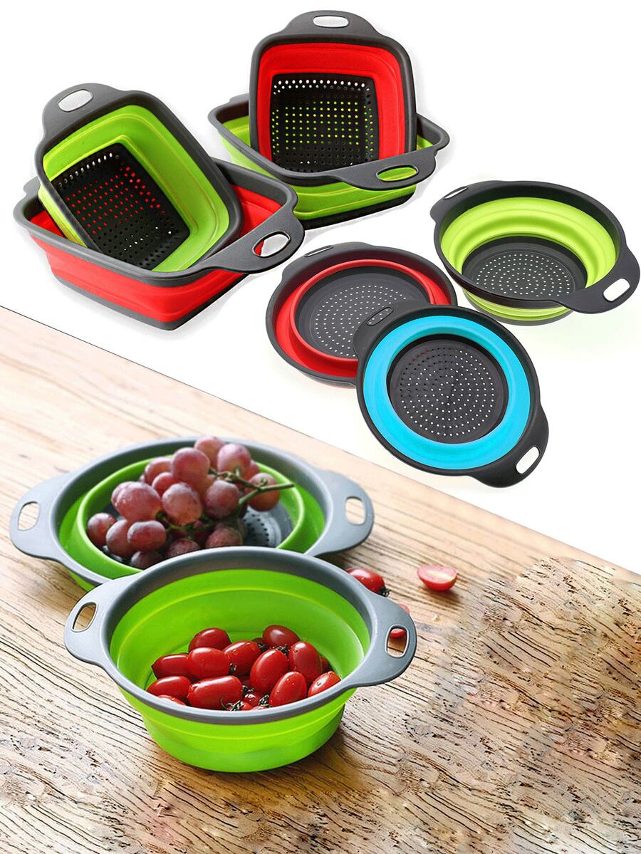 2pcs Silicone Collapsible Drain Basket, Foldable Fruit & Vegetable Washing Strainer, Kitchen Sink Colander, Square & Round Shape - Multicolor - View 1