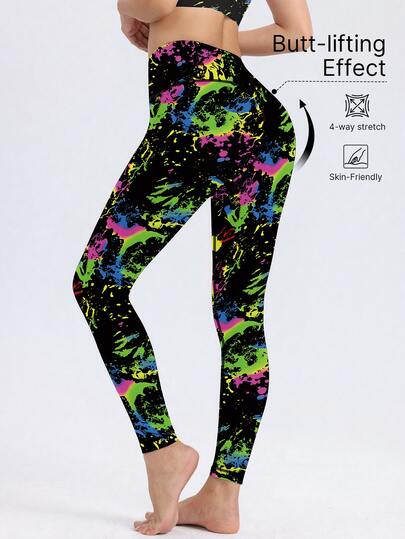 1pc Women's High Waist Lifting Tight Leggings, Sports Pants, Running Pants, Cycling Pants, Fitness Wear, Neon Camouflage, High Elasticity, Soft & Breathable, Moisture-Wicking, Suitable For Gym Workout, Yoga, Pilates, Outdoor, Casual, Sports, Running, Jogging, Exercise, Cycling, Tennis, Badminton, Soccer, Golf