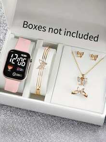 6pcs Love Square LED Digital Watch And Jewelry Set Including Earrings, Necklace, Bracelet And Ring For Girls - Rose Gold - View 13