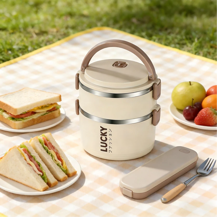 Stainless Steel Lunch Box, Large Capacity Portable And Convenient Square Box, Multi-Layer Design Lunch Box, Suitable For Home, School And Office. - White 2 Layers - View 1