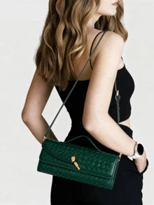 New Arrival Black Woven Leather Clutch Bag - Fashionable Long Purse With Convertible Handle & Crossbody Strap, Gold Accent Lock, Ideal For Spring/Summer, Versatile Shoulder/Crossbody Bag For Daily & Formal Use - 綠色 - 查看 7