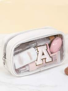 Cute Aesthetic White Clear Makeup Bag With Letter A-Z Emblem - Portable Lightweight Cosmetic Pouch Organizer For Travel Daily School Vacation - Ideal For Girls Young Women Beauty Lovers Students - Multicolor - View 2