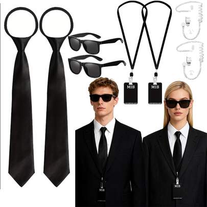 嘉年华/万圣节特工服装套装包括时尚眼镜、拉链领带、徽章、道具和假耳塞，适合外星人主题派对服装。