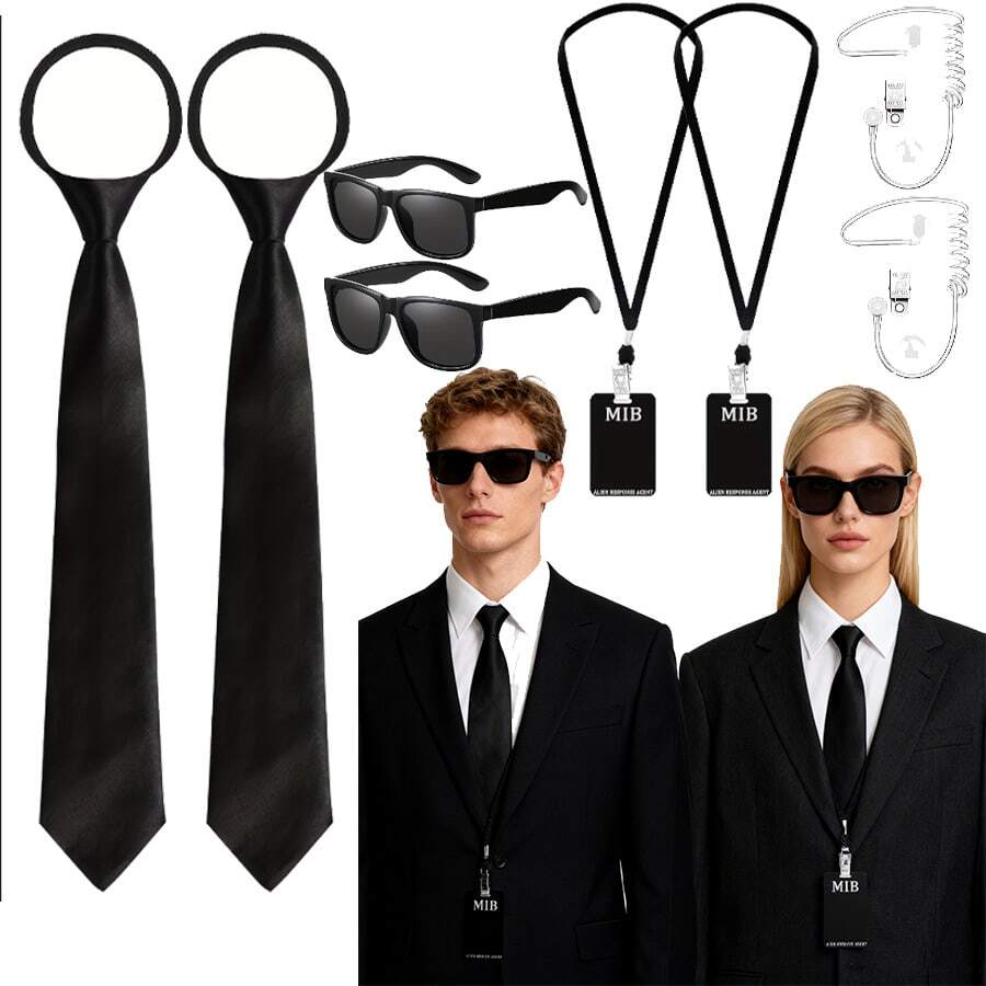 嘉年华/万圣节特工服装套装包括时尚眼镜、拉链领带、徽章、道具和假耳塞，适合外星人主题派对服装。 - 多色 - 查看 1