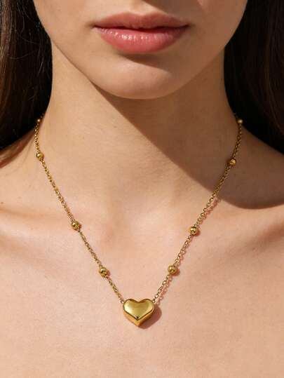 1pc Minimalist Cute Style Round Bead Chain Necklace With Heart Shaped Stainless Steel Pendant, Suitable For Women To Wear To Parties Or Dates, Or As A Valentine's Day Gift