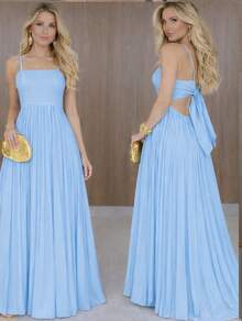 Long Pleated Dress With Tie Detail At The Back And Built-In Bra Cups. Elegant Party/Casual Style. Asymmetrical Fabric. Knot Detail. Open Back/Backless. Wedding Dress. - 淺藍色 - 查看 2