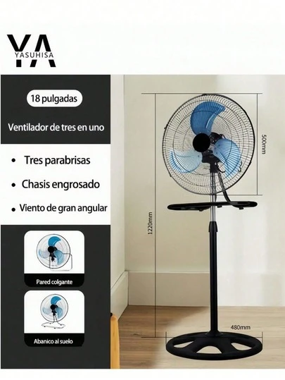 Ventilador eléctrico 3 en 1 de 18 pulgadas, ventilador de pie ,silencioso ,de alta potencia eólica, ventilador industrial doméstico de alta potencia, cabeza móvil, ventilador vertical, ventilador de pie montado en la pared, ventilador de circulación de aire,Aplicación multiescenario para hogar, almacén, dormitorio, etc.