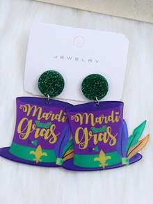 1 Pair Girl's New St. Patrick's Day Celebration Earrings, Tassel Hollow Rhombus Feather Mask Crown Tassel Hat Earrings, Simple Personalized Earrings - Multicolor - View 9