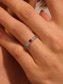 1pc S925 Silver Heart Gemstone Ring, Casual & Cute, Suitable For Daily Wear, Parties, Valentine's Day Gift - Silver - View 3