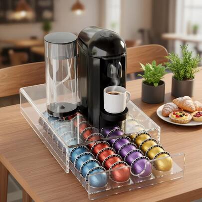 An Acrylic Coffee Capsule Storage Rack For 40 Capsules, Equipped With A Clear Capsule Storage Drawer (1 Layer) (Transparent).