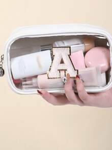 Cute Aesthetic White Clear Makeup Bag With Letter A-Z Emblem - Portable Lightweight Cosmetic Pouch Organizer For Travel Daily School Vacation - Ideal For Girls Young Women Beauty Lovers Students - Multicolor - View 5