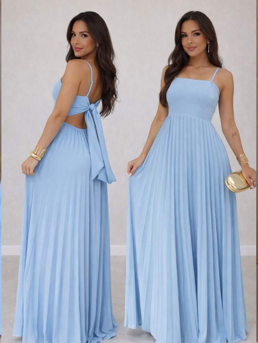 Long Pleated Dress With Tie Detail At The Back And Built-In Bra Cups. Elegant Party/Casual Style. Asymmetrical Fabric. Knot Detail. Open Back/Backless. Wedding Dress. - 淺藍色 - 查看 1