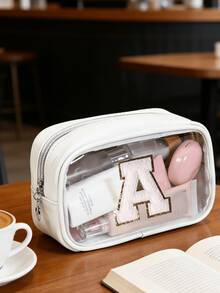 Cute Aesthetic White Clear Makeup Bag With Letter A-Z Emblem - Portable Lightweight Cosmetic Pouch Organizer For Travel Daily School Vacation - Ideal For Girls Young Women Beauty Lovers Students - Multicolor - View 1