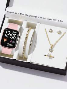 时尚 6 件水钻首饰套装，女士粉色 PVC 表带时尚方形表盘数字手表和心形水钻首饰项链/适合日常佩戴，情人节礼物 - 粉色 - 查看 13