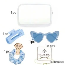 This Blue Bridesmaid Party Set Includes A Clear Makeup Bag, Sunglasses, Hair Clips, Hair Ties, And A Bracelet. It Is The Perfect Gift For Bridal Showers, Bachelorette Parties, Slumber Parties, And Girls' Nights Out.