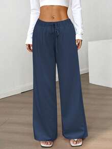Multi-Color Drape Wide Leg Pants: Lightweight Woven Fabric + Elastic Drawstring Waist, Versatile For Commuting / Shopping / Casual Wear, Suitable For Dates, Students And Daily Outings. All-Match Versatile Style. - Navy Blue - View 5
