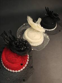 1件女士头饰帽，带网纱面纱、羽毛花朵和珍珠饰边，复古优雅鸡尾酒会头饰，红、白、黑三色可选，是婚礼、肯塔基德比、下午茶派对和复古主题活动的理想之选 - A - 查看 7
