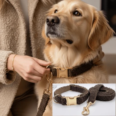 2pcs Teddy Plush Zinc Alloy Buckle Pet Dog Collar + Leash Set, Adjustable Velvet Dog Collar With Gold Clasp - Soft & Comfortable Pet Necklace, Suitable For Small/Medium/Large Dogs, Adjustable Dog Collar | Velvet Pet Collar | Soft Velvet Material, Dog Lover's Gift For Valentine's Day, St. Patrick's Day, Ramadan, Easter, New Year