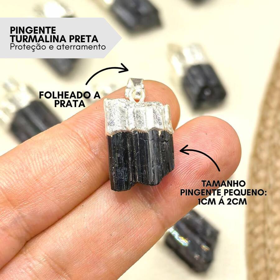 Pingente de Turmalina Preta Natural Folheado a Prata – Proteção e Elegância - Preto - Visão 1