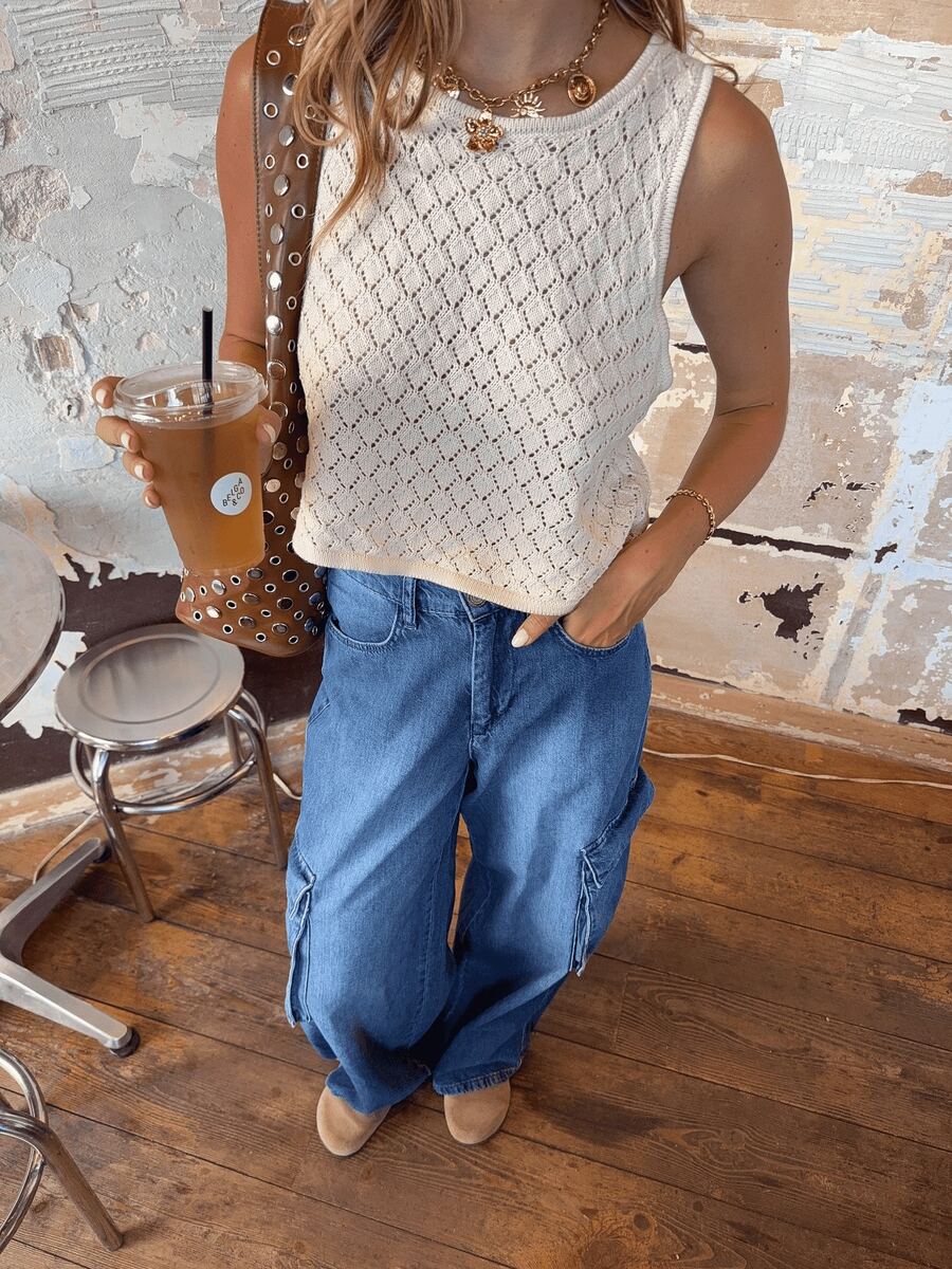 Áo nữ mùa hè, áo tank top dệt kim không tay màu trắng khoét rỗng, bộ đồ dệt kim thường ngày thanh lịch, áo nữ mùa hè ôm sát gợi cảm, bộ áo len mùa hè dễ thương phù hợp cho đi làm hàng ngày. - trắng - Xem 1