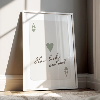 Modern Wall Art Poster - "How Lucky We Are" Red Spade Poker Card Design - Retro Aesthetic Wall Decor - Inspirational Fashion Art Print, Sage Green And White, Framed Or Unframed, Room Decor, Home Decor, College Dorm, Apartment, Hotel, House, Living Room, Bedroom, Bathroom, Office Wall Decoration Gift