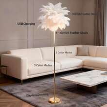 1pc Creative Ostrich Feather Floor Lamp, Dimmable 3-Color Changing Warm Lighting For Bedroom, Living Room, Wedding Decor, Charging Version Includes 1 Data Cable - Gold Charging Version - View 5