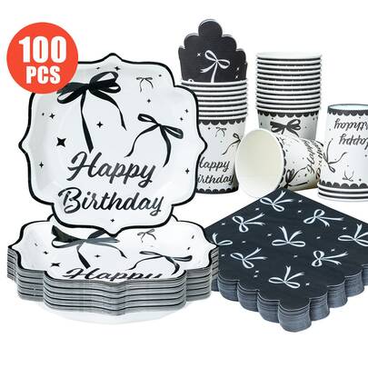 一套黑色蝴蝶结花朵造型一次性餐盘、餐巾纸、纸杯，适合25位客人使用，一次性纸盘派对用品，适用于生日、婚礼、主题派对、家庭野餐等场合。