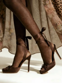 Ballet High Heels For Women Square Toe Satin Mary Janes Lace Up Heels Elegant Ballerina Stiletto Heels With Bow Party Dancing Shoes For Women - màu nâu - Xem 4