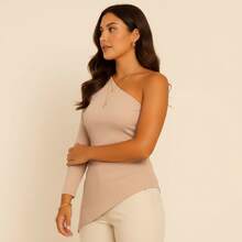 Women's Asymmetrical Blouse, One-Shoulder Sleeve, Long Ribbed Knit, Premium Basic, Stylish, Casual - Màu be - Xem 2