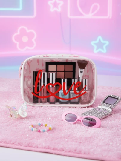 透明PU化妆包 | Y2K风格 - 蝴蝶结爱心图案洗漱包 | 时尚便携轻巧多功能收纳袋 | 居家、通勤、旅行、上学皆宜 | 情人节、生日、周年纪念日、斋月及开学季的理想礼物