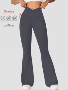 Women's Criss-Cross Waist Flare Pants, High Elasticity Polyester Solid Color Sports Yoga Pants, Criss-Cross Waist Casual Long Pants, Solid Color Skinny Workout Leggings Suitable For All Seasons, Knit Fabric Wide Leg Pants Suitable For Fitness And Leisure Wear - 灰色 - 查看 2