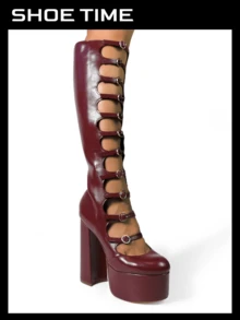 Women's Punk Style Thick Platform Chunky Heel Boots - 酒紅色 - 查看 3