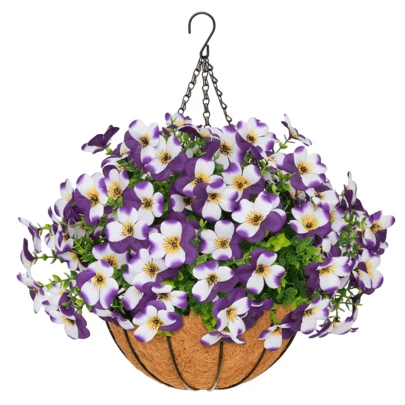 2 Sets Of Outdoor Artificial Flowers With Hanging Baskets, Featuring 20 Tricolor Violet Flowers And Colorful Plants In Metal Coconut Lined Pots, Used For Spring And Summer Front Porch Garden Courtyard Outdoor Terrace Balcony Decoration (2sets)