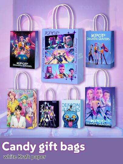 Kpop Demon Hunters Candy Gift Packaging Bags, Popcorn Bags, Anime Cartoon Demon Girl Group Celebrity Idol Theme Party Decorations, Handbag, Birthday Decorative Stickers, Snack Bags, Paper Bags
