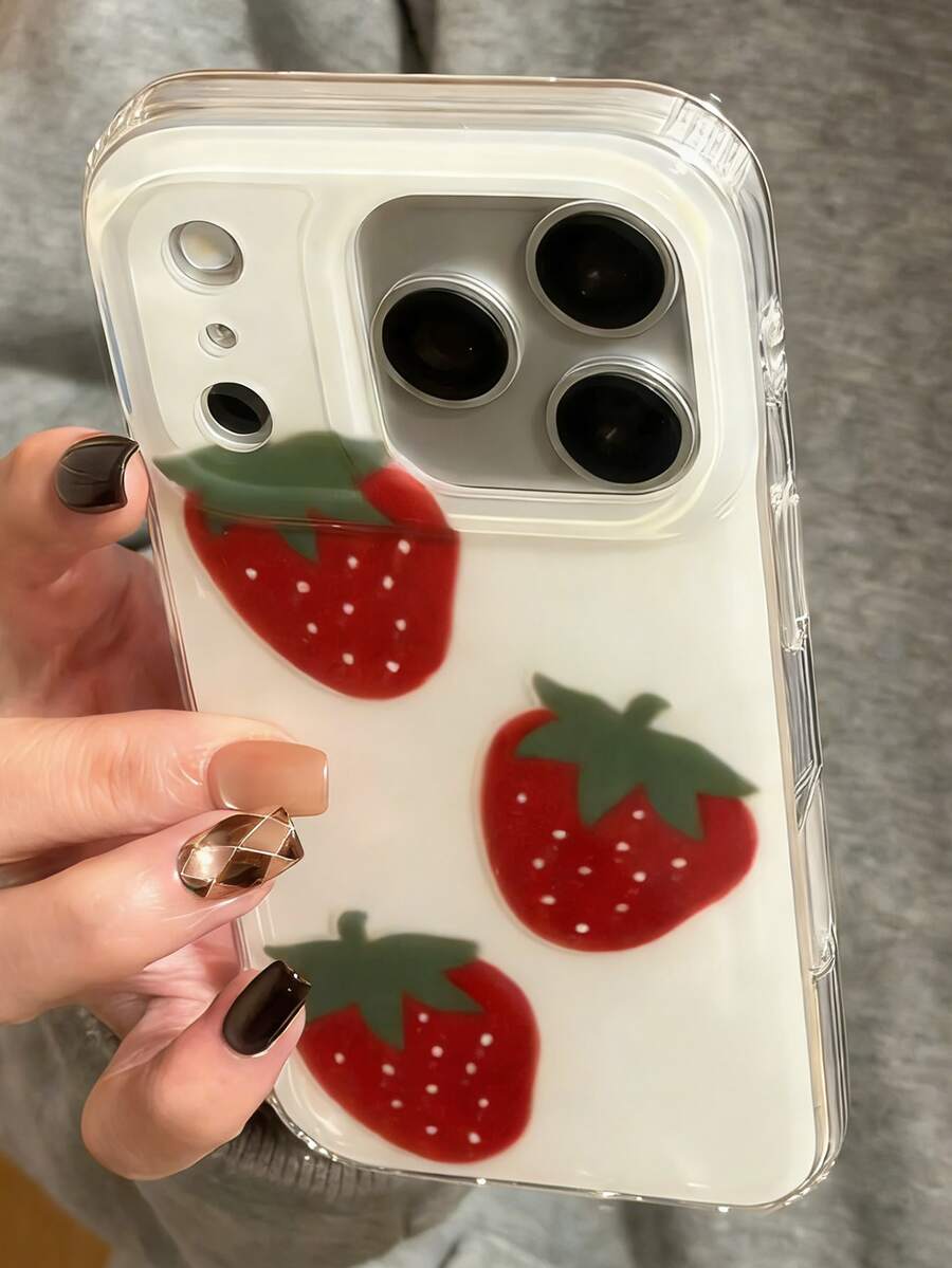 时尚可爱蝴蝶结草莓苹果亮面果冻白手机壳，兼容 17 Pro Max、17 Pro、17、16 Pro Max、16 Pro、16、15 Pro Max、15 Pro Max、15 Pro、15、14 Pro Max、14 Pro、14、13 Pro Max、13 Pro、13、12、11，简约可爱蝴蝶结防震软壳保护套 - 草莓 - 查看 1