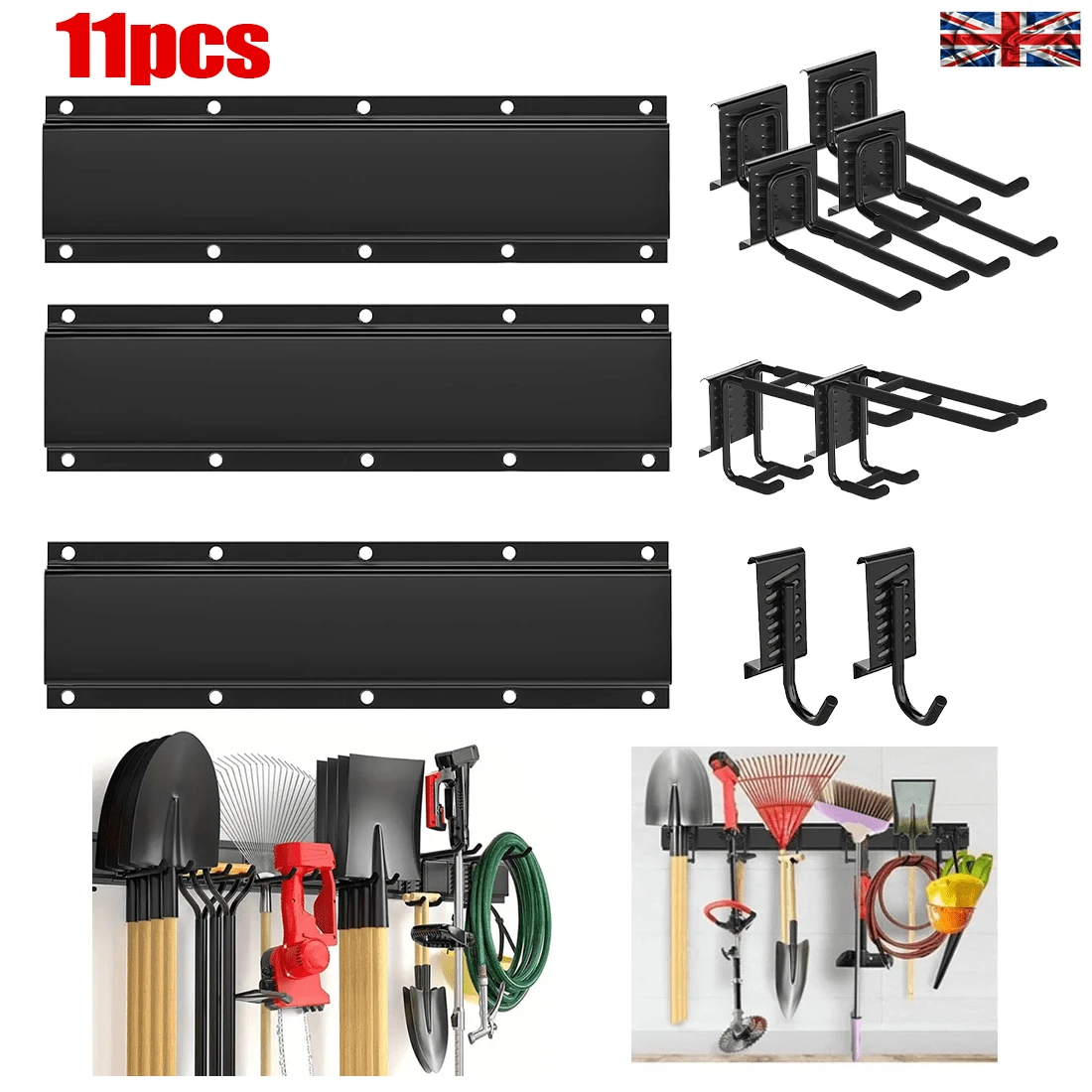 11Pcs-Set Garage Garden Tool Holder Storage Rack Shed Wall Mounted Organiser Long Hooks - Black - View 1