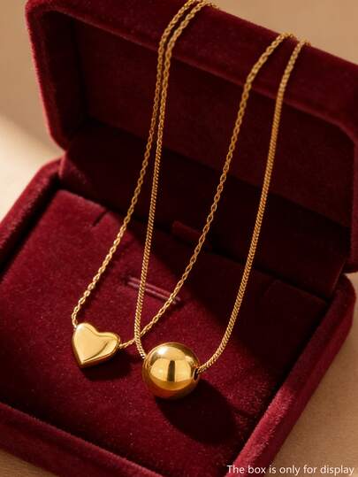 两件套优雅不锈钢项链，配有闪亮珠子和心形吊坠，适合女性日常佩戴、婚礼、派对、下午茶，或作为情人节礼物送给您的爱人。