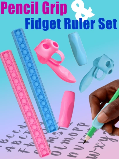 一套五指硅胶握笔器和尺子，符合人体工程学设计，适合儿童练字，适用于幼儿园、托儿所、学前班，是开学礼物、男孩女孩生日礼物、节日礼物、文具奖励套装的理想之选，蓝粉色。