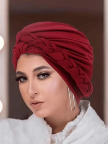 1顶新款多色编织侧边头带帽，纯色穆斯林头巾帽 - 彩色 - 查看 4