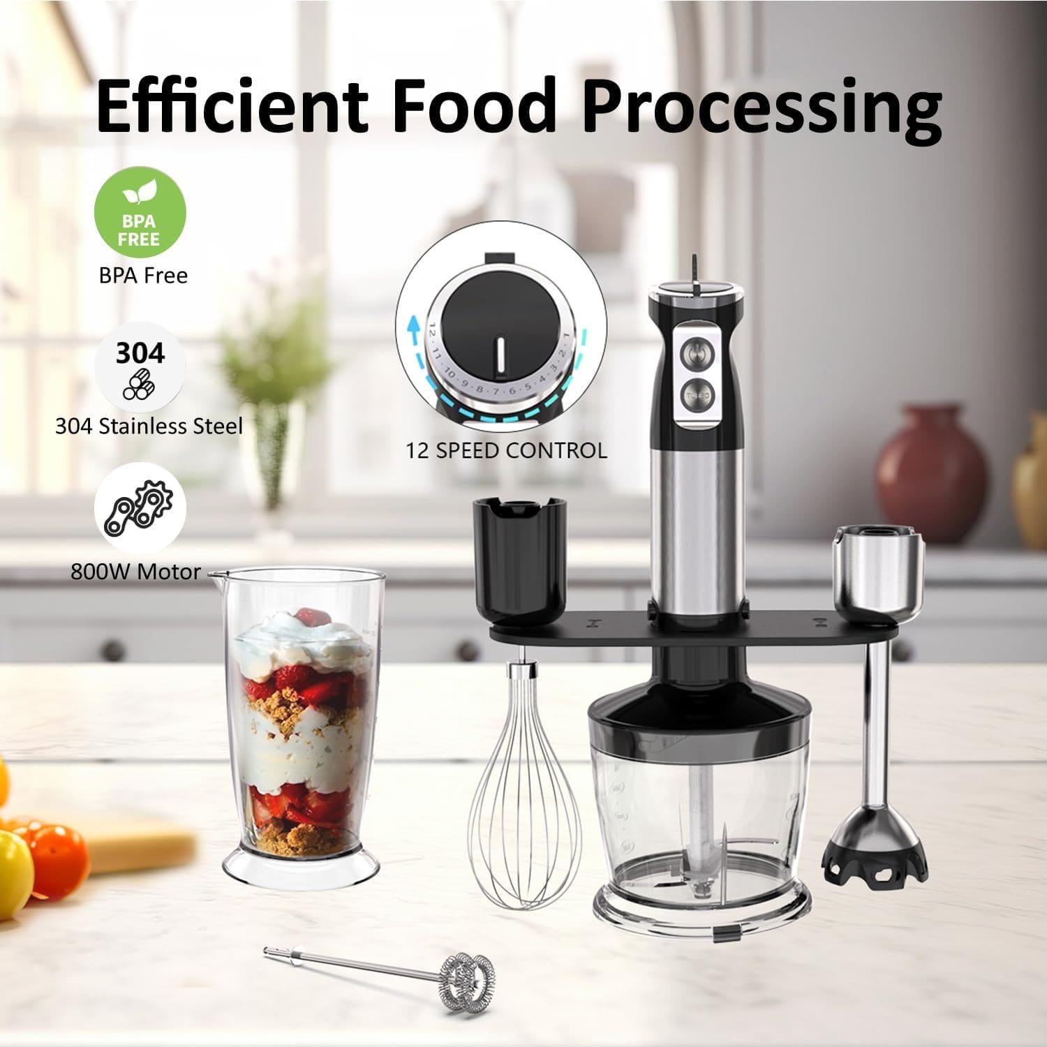 [6-In-1 Hand Blender Set] Powerful 1000W Motor, 12 Speed Settings + Turbo Function | Includes Whisk, Chopper And Milk Frother | Stainless Steel Blades, Splash Guard, Easy To Clean, Suitable For Preparing Soups, Baby Food And Smoothies. - EU F Type Plug(220-240V) - View 1