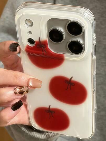 时尚可爱蝴蝶结草莓苹果亮面果冻白手机壳，兼容 17 Pro Max、17 Pro、17、16 Pro Max、16 Pro、16、15 Pro Max、15 Pro Max、15 Pro、15、14 Pro Max、14 Pro、14、13 Pro Max、13 Pro、13、12、11，简约可爱蝴蝶结防摔保护软壳