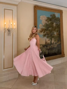 Elegant Plaid V-Neck Waist Flare Midi Dress, Romantic Date & Holiday Dress For Women - Pink - View 3