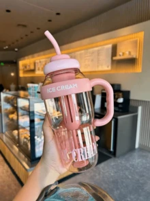 1pc High Capacity Water Bottle, Stylish Insulated Cup With Handle And Straw, Plastic Tumbler - Multicolor - View 5